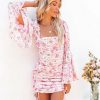 Clothing * | Acoa-001 Dresses Precious Poppies Ruched Bell Sleeve Mini Dress Pink Final Sale