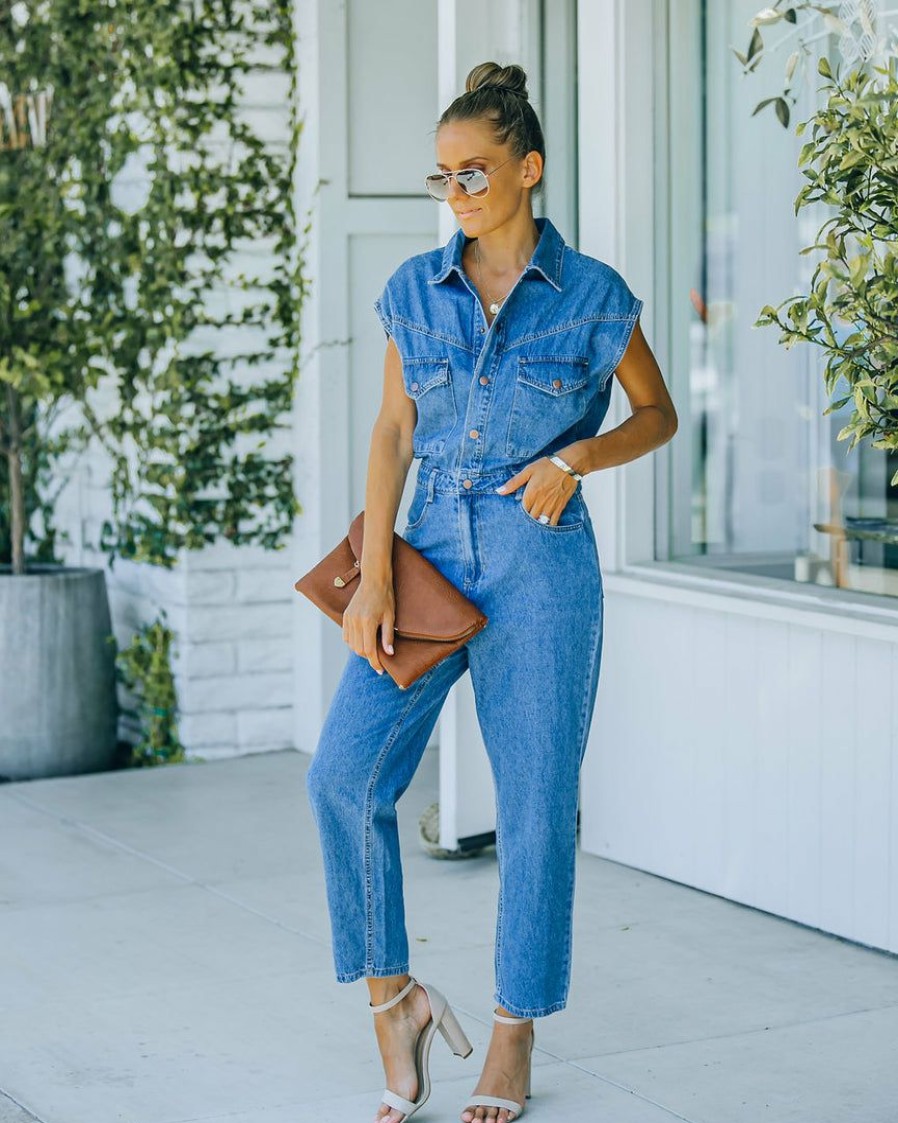 Clothing * | Miou-001 Rompers + Jumpsuits Aisha Pocketed Sleeveless Denim Jumpsuit