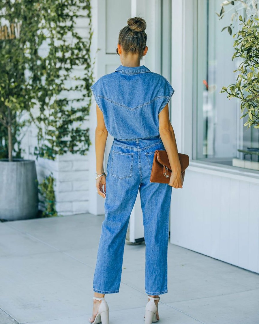 Clothing * | Miou-001 Rompers + Jumpsuits Aisha Pocketed Sleeveless Denim Jumpsuit