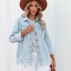 Clothing * | Thre-001 Kaige Pocketed Distressed Denim Shacket Light Wash Coats & Jackets