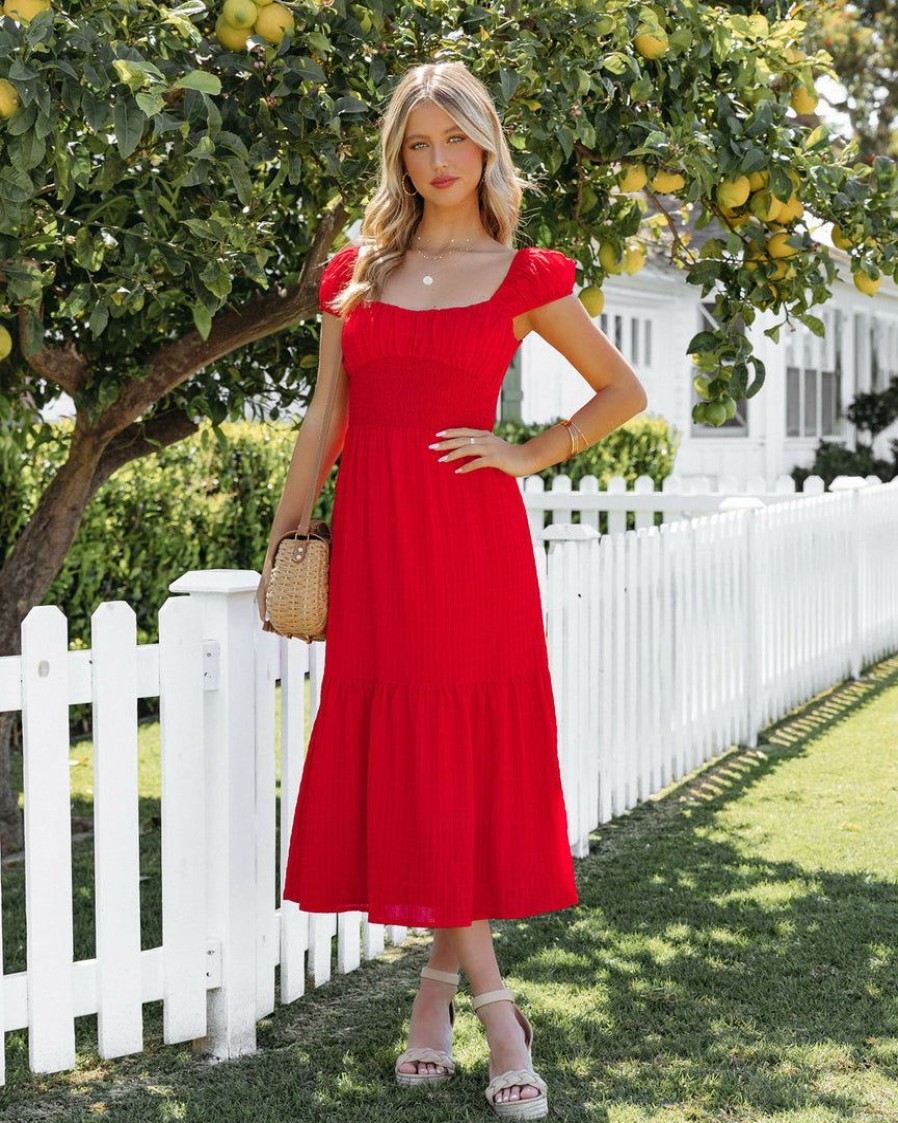 Clothing * | Lush-001 Dresses Jaylynn Smocked Midi Dress Red Final Sale