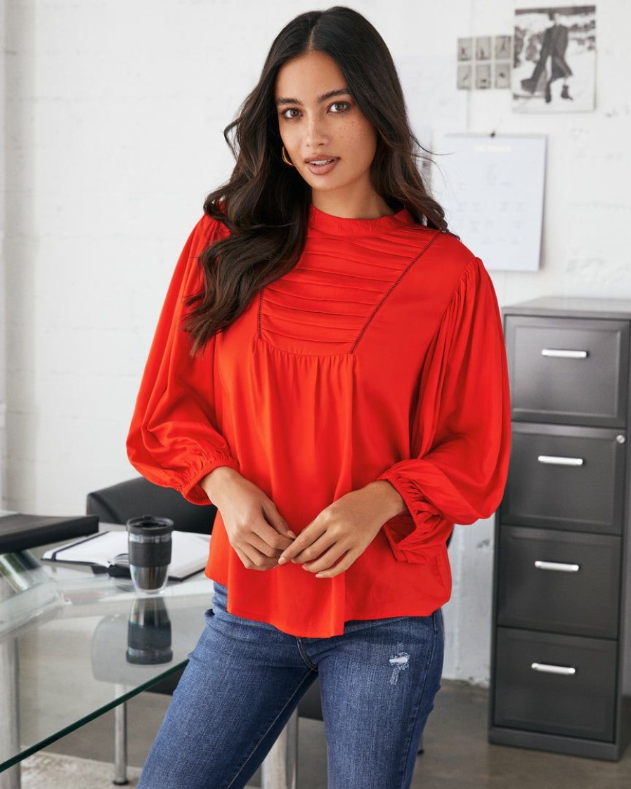 Clothing * | Coll-001 Sylas Pintuck Blouse Coral Red Flash Sale Take Me To Miami