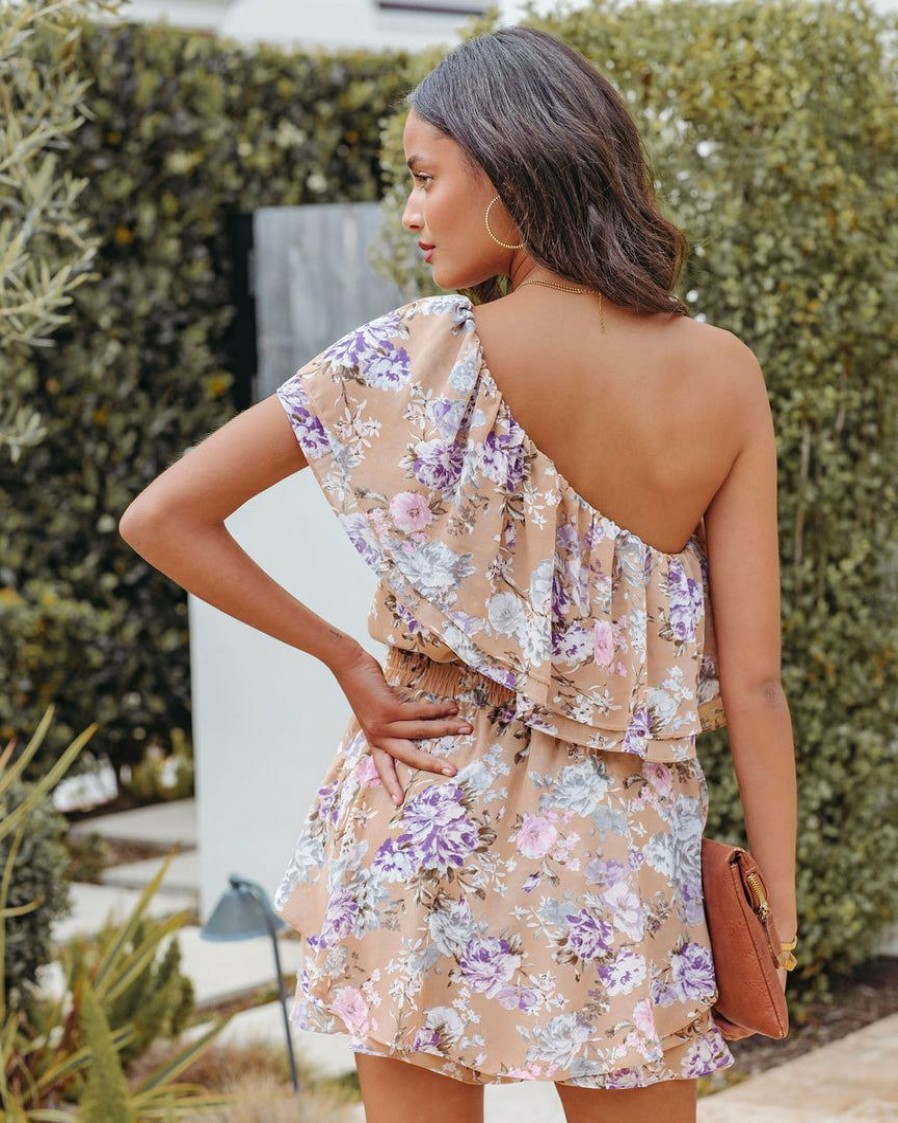 Clothing * | Endl-001 Rompers + Jumpsuits Parisienne Dreams Floral One Shoulder Ruffle Romper Final Sale