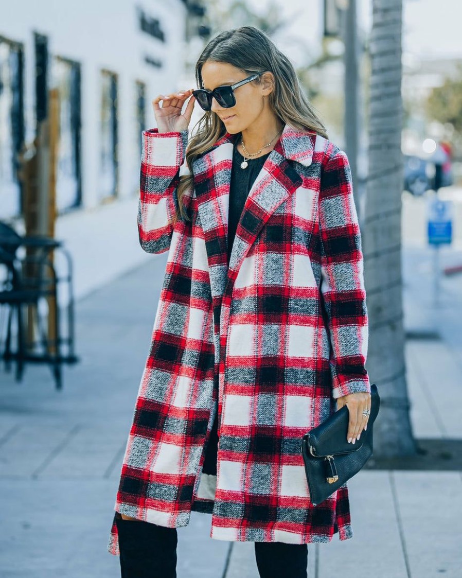 Clothing * | A.Peach Wishful Winter Pocketed Plaid Coat Red Final Sale Coats & Jackets