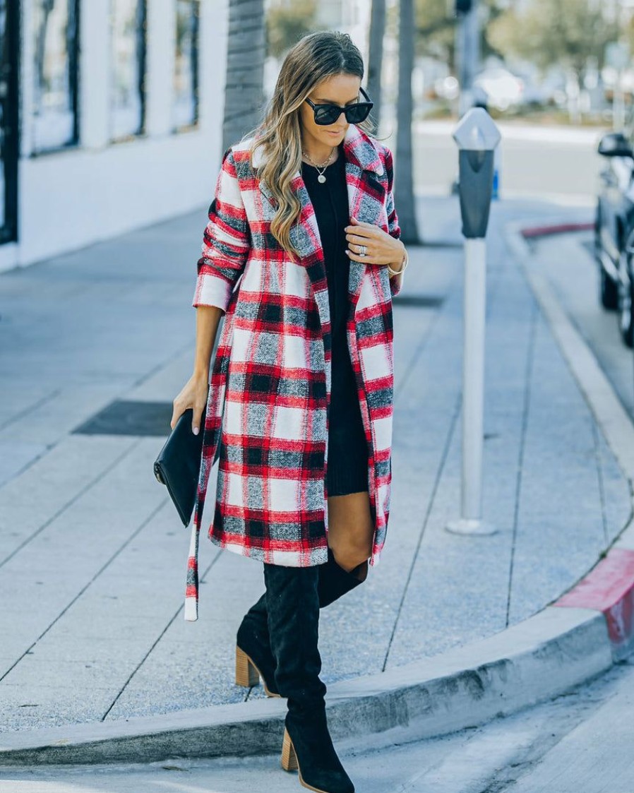 Clothing * | A.Peach Wishful Winter Pocketed Plaid Coat Red Final Sale Coats & Jackets