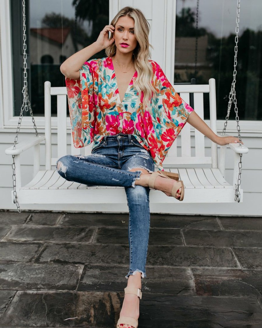 Clothing * | Oliv-001 Tropicana Floral Kimono Top Final Sale Tops