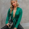 Clothing * | Aaka-001 Tops Best Bet Satin Collared Tie Blouse Dark Green