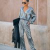 Clothing * | Aeom-001 That'S A Wrap Pocketed Plisse Jumpsuit Silver Final Sale Rompers + Jumpsuits