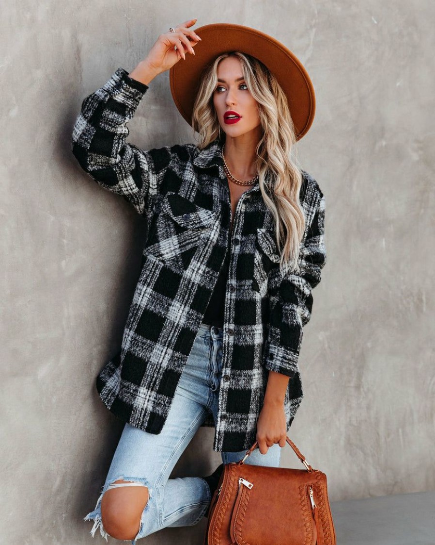 Clothing * | Thre-001 Coats & Jackets Zinny Pocketed Plaid Coat