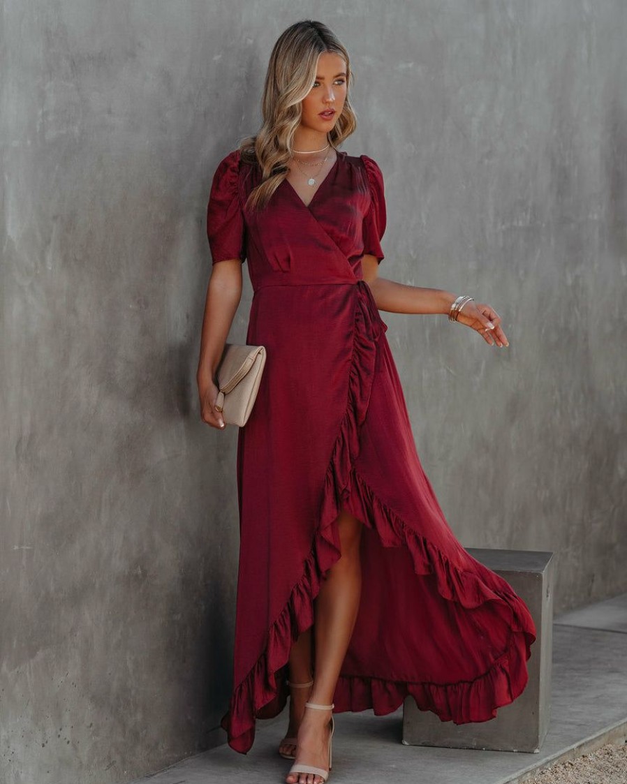 Clothing * | Suga-001 Red Carpet Ruffle Wrap High Low Maxi Dress Maroon Final Sale Dresses