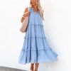 Clothing * | &Mer-001 Ballard Cotton Blend Pocketed Tiered Midi Dress Chambray Blue Final Sale