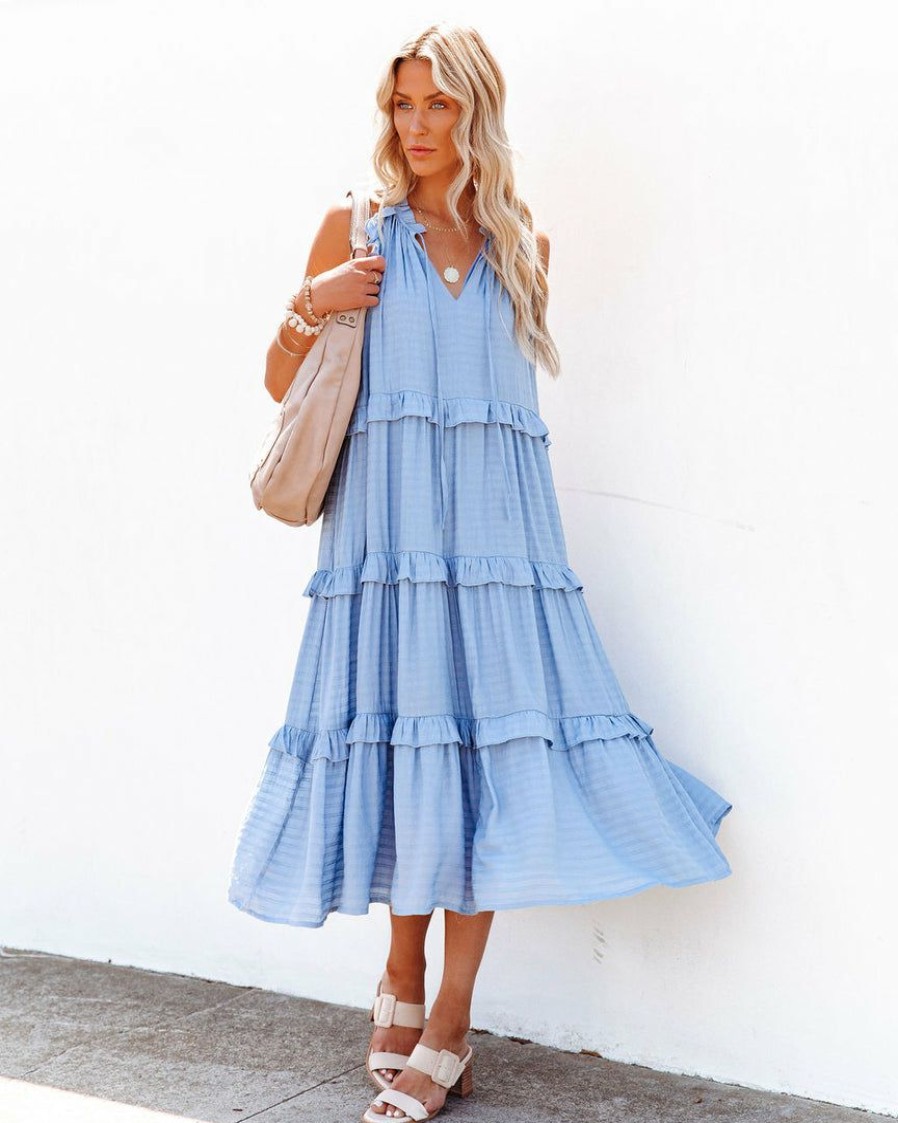 Clothing * | &Mer-001 Ballard Cotton Blend Pocketed Tiered Midi Dress Chambray Blue Final Sale