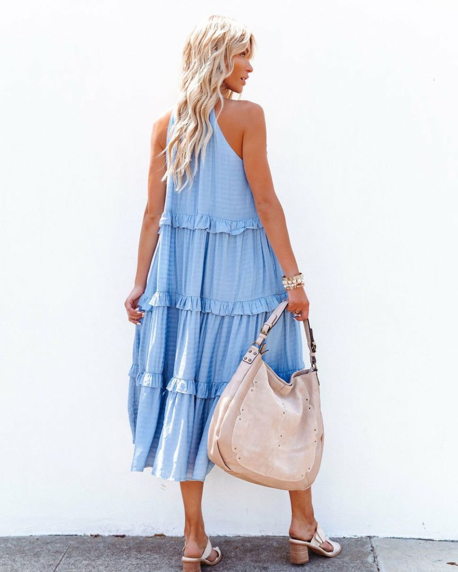 Clothing * | &Mer-001 Ballard Cotton Blend Pocketed Tiered Midi Dress Chambray Blue Final Sale