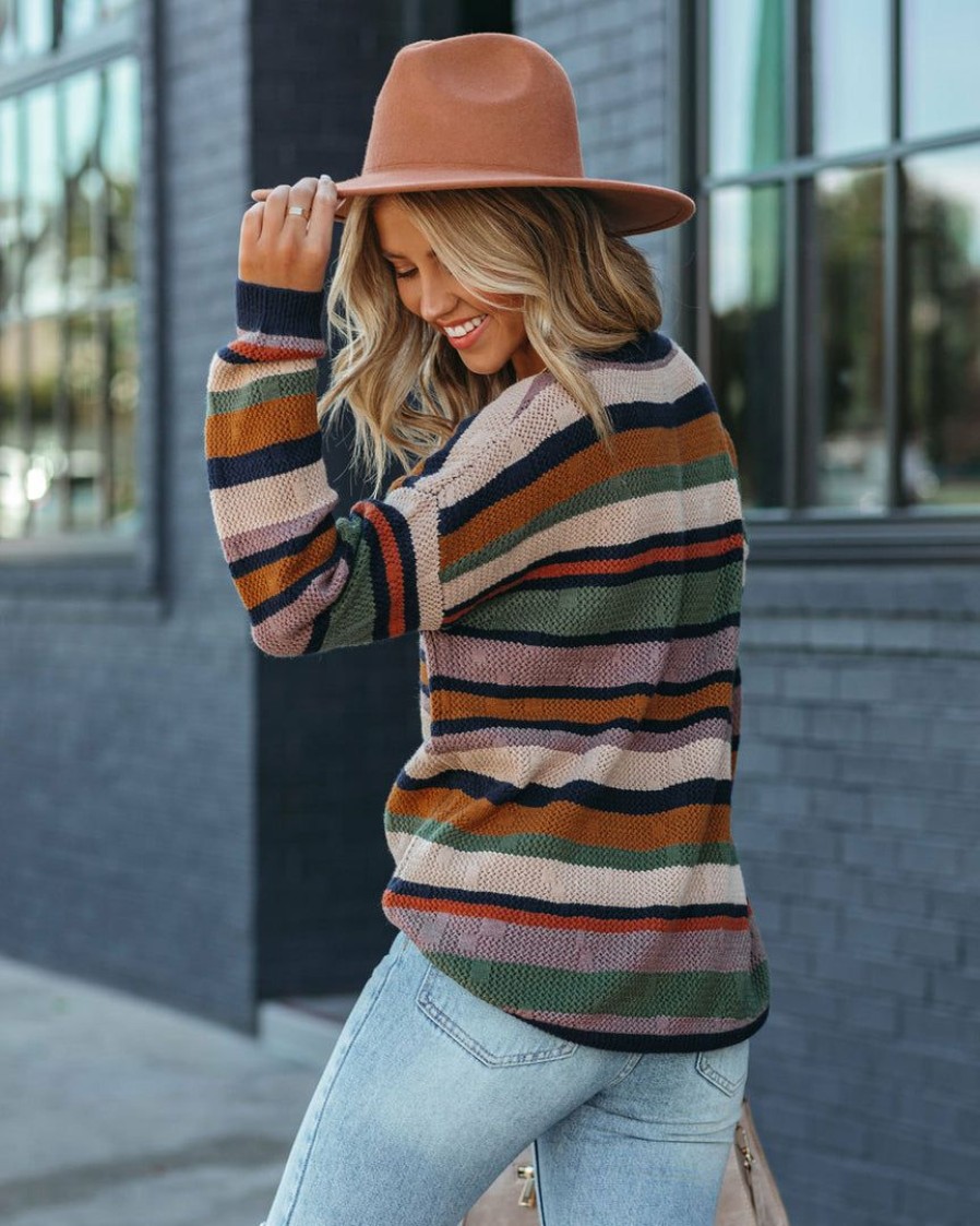 Clothing * | Hem-001 Panoramic Views Striped Knit Sweater Navy Multi Sweaters