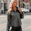 Clothing * | On T-001 Nyx Sequin Button Down Bell Sleeve Blouse Black Final Sale